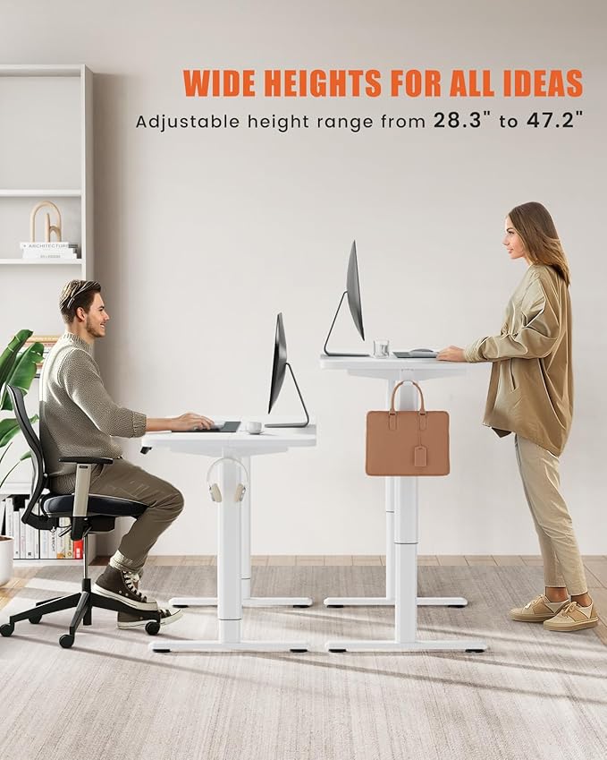 Electric Standing Desk Adjustable Height Stand Up Desk, 55" x 24" Sit Stand Desk, Low Noise Home Office Desk, Computer Desk with Splice Board, Child Lock & Memory Function, White