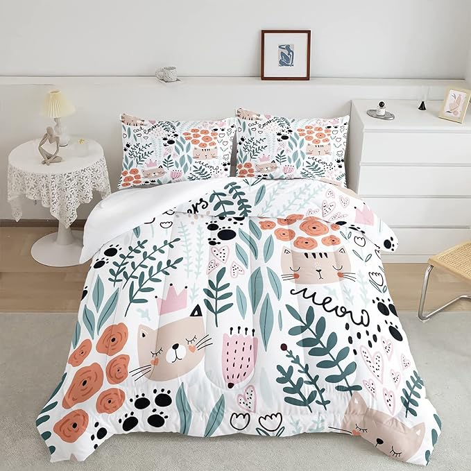 CVHOUSE Cat Bedding,Cartoon Cat Comforter Full,Animals Print Comforter Set for Kids,Kawaii Quilt Set with 1 Comforter and 2 Pillow Cases