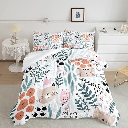 CVHOUSE Cat Bedding,Cartoon Cat Comforter Full,Animals Print Comforter Set for Kids,Kawaii Quilt Set with 1 Comforter and 2 Pillow Cases