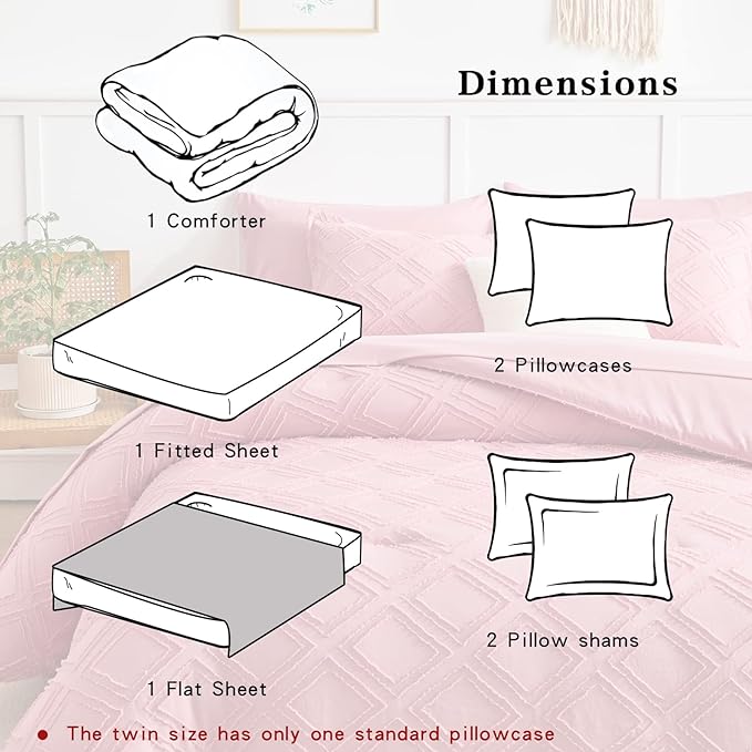7 Pieces Tufted Bed in a Bag Queen Comforter Set with Sheets Pink, Soft and Embroidery Shabby Chic Boho Bohemian, Luxury Solid Color with Diamond Pattern, Jacquard Tufts Bedding Set for All Season