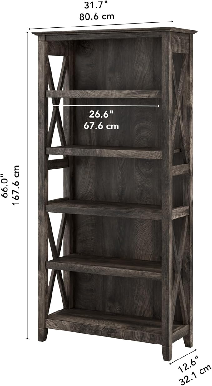 Bush Furniture Key West Tall 5 Shelf Bookcase in Dark Gray Hickory