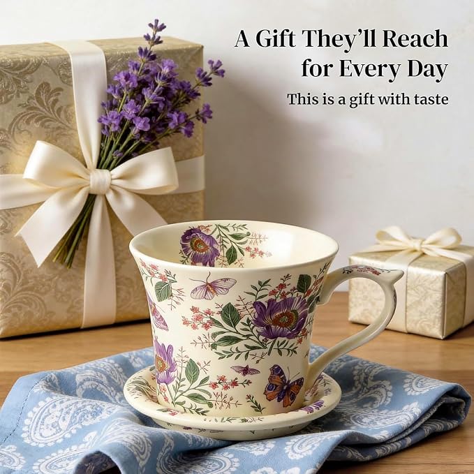 DOWAN 14 OZ Tea Cup & Saucer Set, Floral Mug with Lid, Ceramic Cappuccino/Latte Mug for Women, One Set