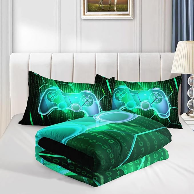 Axolotl Gamepad Comforter Set Queen Size,Number Video Gaming Gamer Bedding Set,Boys Game Console Comforter Set,Geometry Hexagonal Bedding Set for Teens Men Adults,1 Quilt 2 Pillowcases,Green Black