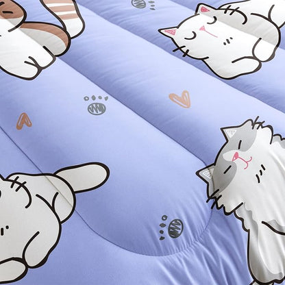 Datura home Purple Kawaii Cat Comforter Bedding Set for Girls Kitten Purple Print Cute Animal Pattern Bedding Set with 1 Comforter and 2 Pillowcases for Girls Bedroom All Season(Cat Purple Full)