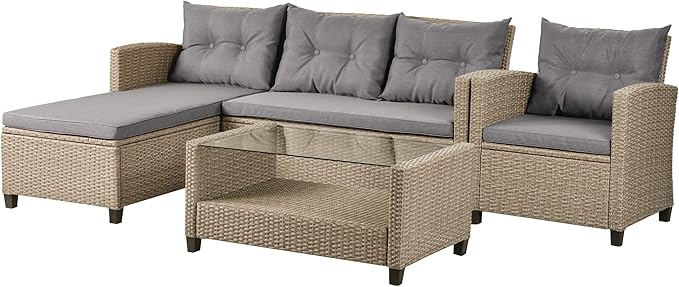 Outdoor Patio Furniture Sets, 4 Piece Rattan Conversation Sofa Wicker Sectional Couch with Chaise Lounge, Single Sofachair, Seat Cushions and Glass Table, for Garden Backyard Deck, Gray
