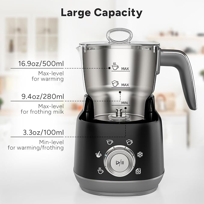 6-in-1 Electric Milk Frother and Steamer with Detachable Cups, Automatic Cold and Warm Foam Maker for Lattes/Cappuccinos/Hot Chocolate, Dishwasher Safe Black