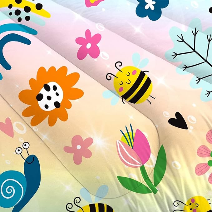 Rainbow Comforter Sets Twin Size Cartoon Floral Frogs Bedding Set for Girls Kids Children Boys Butterfly Flowers Bees Insects Cute Kawaii Quilt 1 Comforter + 1 Pillow Case