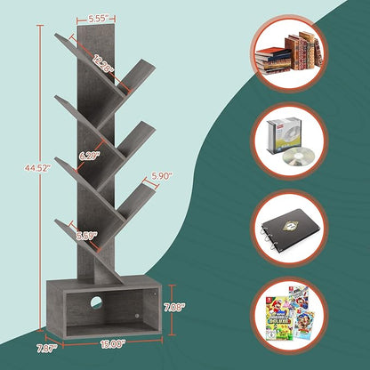 Yoobure Tree Bookshelf - 6 Shelf Retro Floor Standing Bookcase, Tall Wood Book Storage Rack for CDs/Movies/Books, Utility Book Organizer Shelves for Bedroom, Living Room, Home Office, Grey