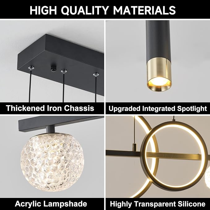 ORANOOR Modern LED Pendant Lights, Dimmable 47inch Linear LED Chandelier | Upgraded Black & Gold Dining Room Hanging Light Fixtures Kitchen Island Globe Pendant Lighting for Dining Table (4200lm)