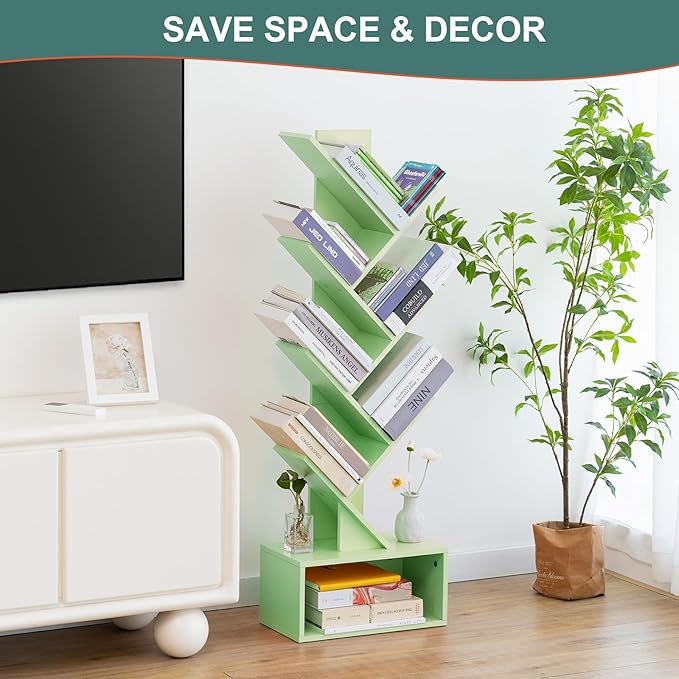 Yoobure Tree Bookshelf - 6 Shelf Retro Floor Standing Bookcase, Tall Wood Book Storage Rack for CDs/Movies/Books, Utility Book Organizer Shelves for Bedroom, Living Room, Home Office Green