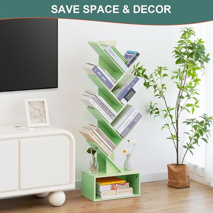 Yoobure Tree Bookshelf - 6 Shelf Retro Floor Standing Bookcase, Tall Wood Book Storage Rack for CDs/Movies/Books, Utility Book Organizer Shelves for Bedroom, Living Room, Home Office Green