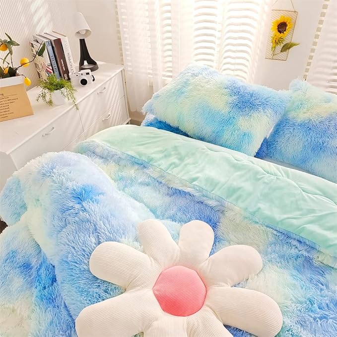 Faux Fur Kids Girls Green Rainbow Comforter Sets Queen - 3PC Bed Set Warm Comfortable Soft Plush Flannel Velvet Fluffy Fuzzy Bedding（Comforter x 1 Pillowcases x 2）