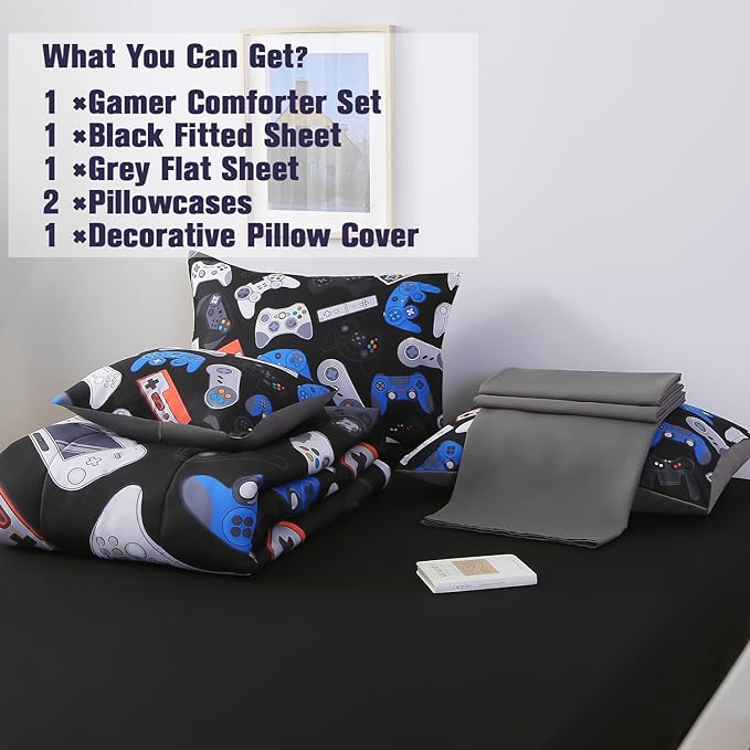 6Pcs Game Console Comforter Set with Sheets for Boys Girls Kids Teens, Gamepad Collection Themed Bed in A Bag Full Size, 3D Video Gamer Controller Bedroom Decor Bedding Set