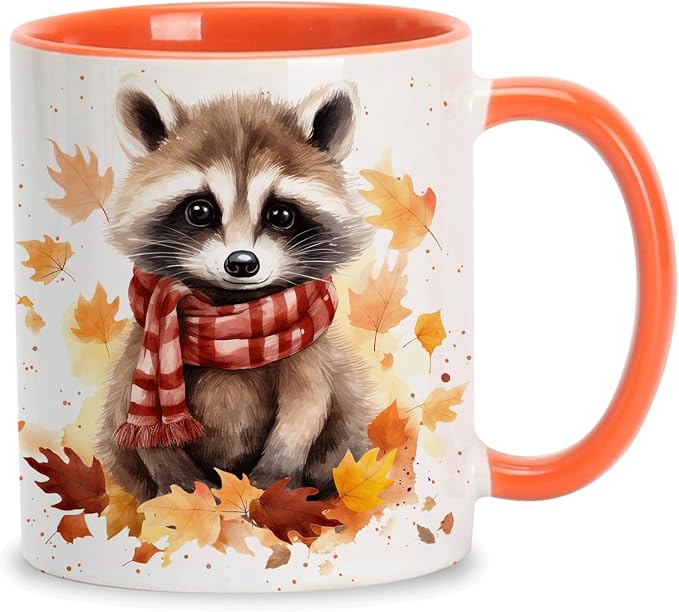 Hyturtle Fall Raccoon Mug, Autumn Birthday Gifts For Raccoon Lovers | Autumn Thanksgiving Decor, Raccoon Gifts For Women, Durable 11oz ceramic mug, Vivid double-sided print, Comfort grip handle