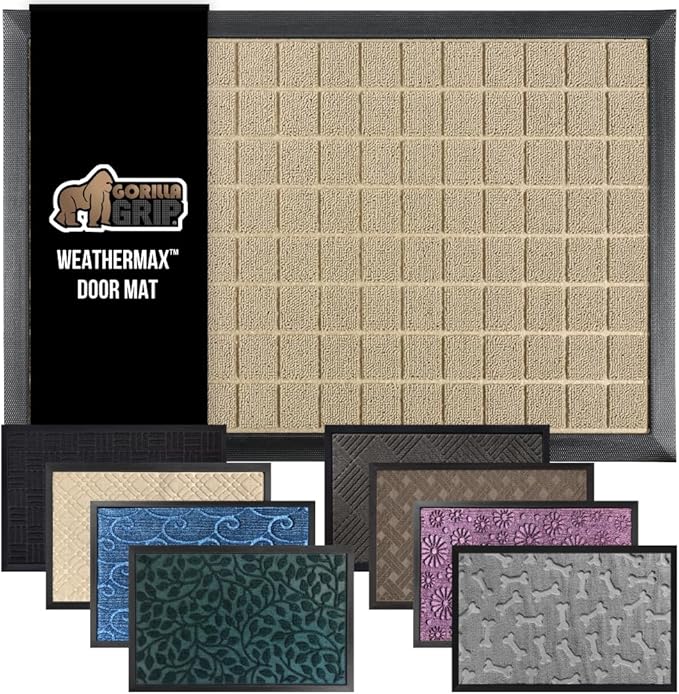 GORILLA GRIP 100% Waterproof All-Season WeatherMax Doormat US Designed Natural Rubber, Stain and Fade Resistant, Low Profile Indoor Outdoor Door Mats, Easy Clean Patio Mat, 23x35, Taupe Grid