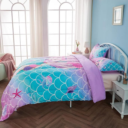 Queen Size Comforter Sets for Girls Mermaid Tail Rainbow Scales Bedding Set 3 Pieces Queen Comforter with 2 Pillowcases for Kids, Teenagers