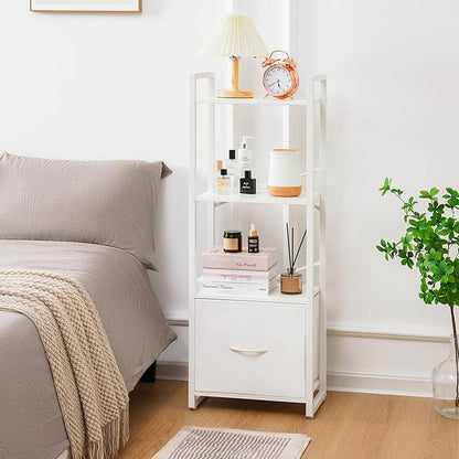 Yoobure Bookshelf, 4 Tier Book Shelf with Drawer, Small Bookcase Narrow Book Case, Industrial Bookshelves Shelf for Bedroom Living Room Office, Book Storage Organizer for CD/Movie White