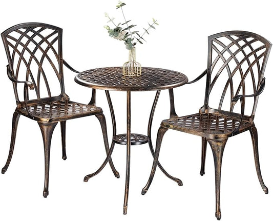 Bistro Set 3 Piece Rustproof Cast Aluminum Patio Furniture Sets Round Table with Umbrella Hole for Outdoor, Patio, Balcony, Bronze