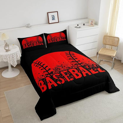 Baseball Comforter Set Full Size Kids Red Black Sports Quilt Bedding Set For Boys Girls,Reversible Black Bedding Comforter Sets Soft Lightweight For All Season,1 Comforter And 2 Pillow Cases