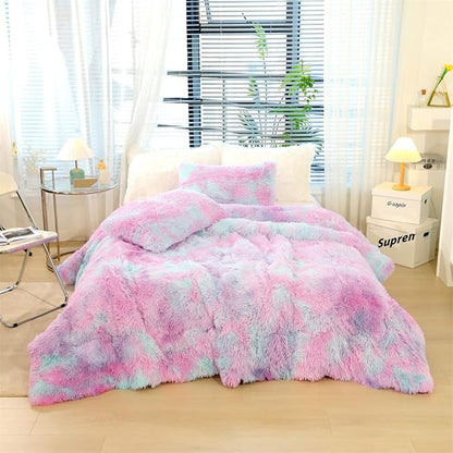 Faux Fur Kids Girls Purple Rainbow Comforter Sets King - 3PC Bed Set Warm Comfortable Soft Plush Flannel Velvet Fluffy Fuzzy Bedding（Comforter x 1 Pillowcases x 2）