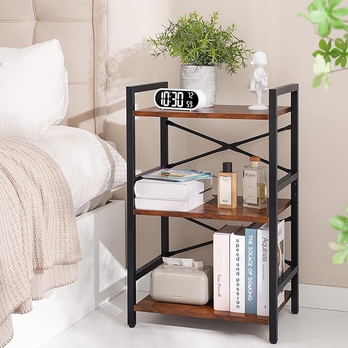 Yoobure Bookshelf Small Book Shelf, Solid Industrial 3 Tier Shelf Bookcase, Short Book Case for Bedroom, Living Room, Office Home, Small Spaces, Berry Brown