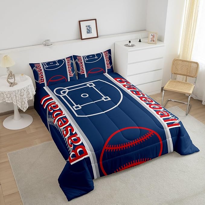 Feelyou Baseball Print Bedding Set Queen Size Sports Game Comforter Set for Kids Boys Girls Decor Baseball Gaming Comforter Microfiber Ball Duvet Set Bedroom Quilt Set