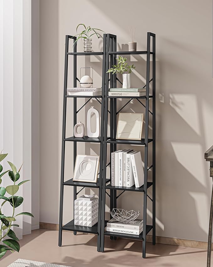 Ladder Shelf, Bookshelf Bookcase, Freestanding Corner Storage Shelve with 2 Hooks for Home Office, Living Room, Kitchen, Bedroom, Industrial, 5-Tier Black BC03204B