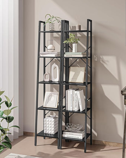 Ladder Shelf, Bookshelf Bookcase, Freestanding Corner Storage Shelve with 2 Hooks for Home Office, Living Room, Kitchen, Bedroom, Industrial, 5-Tier Black BC03204B