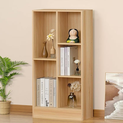 LEYAOYAO 5 Cube Mid-Century Modern Natural Wood Bookshelf with Base, 3 Tier Storage Organizer Shelf, Rustic Wood Display Cabinet for Bedroom, Living Room, Office