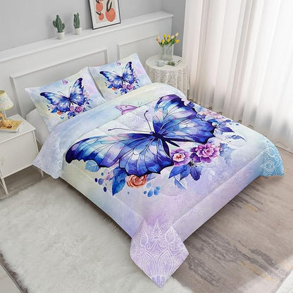 Datura home Kids Comforter Set Butterfly Printed Pattern Bedding Set with 1 Comforter and 2 Pillowcases for Girls Boys Bedroom All Season(Butterfly3 Queen)