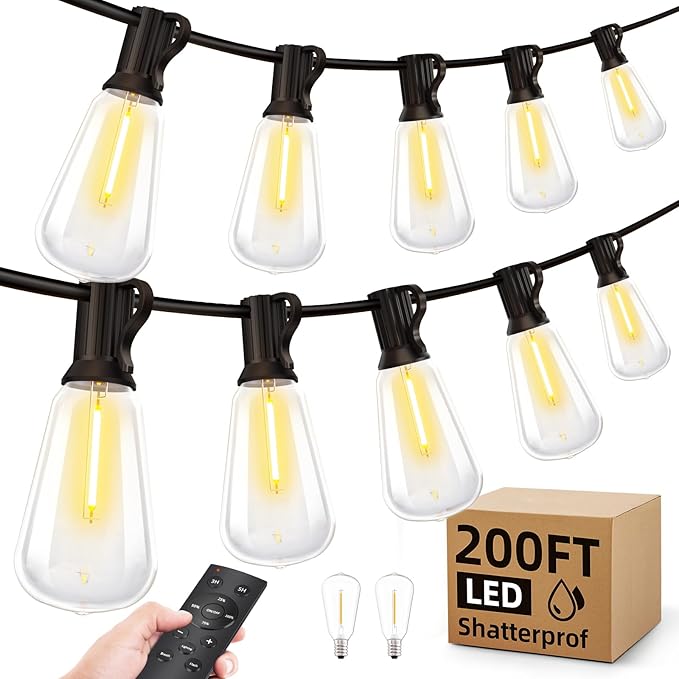 Outdoor String Led Patio Lights - 200Ft 60M Outside Waterproof Light with Remote Dimmable ST38 Shatterproof Bulb Hanging Outdoor Electric Lighting for Backyard Yard Gazebo Porch Party