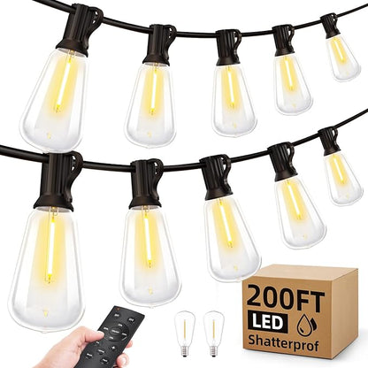 Outdoor String Led Patio Lights - 200Ft 60M Outside Waterproof Light with Remote Dimmable ST38 Shatterproof Bulb Hanging Outdoor Electric Lighting for Backyard Yard Gazebo Porch Party
