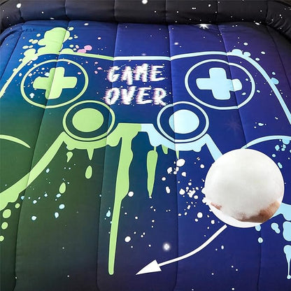 Kids Gaming Bedding Sets Full Size for Boys Teen, 5 Piece Bed in a Bag Gamer Comforter Set with Sheets, 3D Colorful Video Game Controller Comforter, All Season Soft Microfiber Bed Set(Blue,Full)