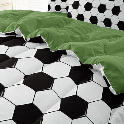 Soccer Comforter Set Full for Boys Girls, 5 Pieces Soccer Bedding Twin Bed in a Bag Set with Sheets, Black and White Bed Sets for Teenage