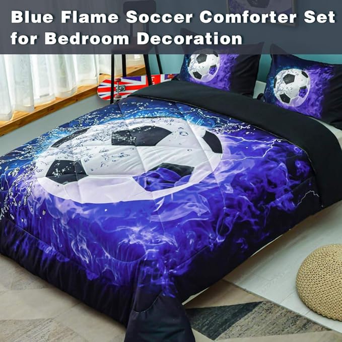 Andency 3D Soccer Comforter Full(79x90 Inch), 3 Pieces(1 Soccer Comforter, 2 Pillowcases) Sport Microfiber Soccer Comforter Set Bedding Set for Boy Kids Teens