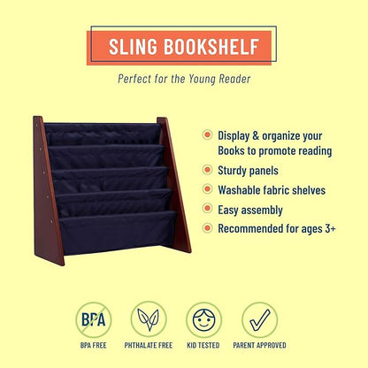 Wildkin Kids Canvas Sling Bookshelf for Boys and Girls, Wooden Design Features Four Fabric Shelves, Keep Bedrooms, Playrooms, and Classrooms Organized, Measures 25 x 24 x 11 Inches (Cherry w/ Blue)
