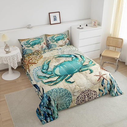 Sea Beach Theme Comforter Set Kids Beach Crabs Print Queen Bedding 3D Sea Animal Crab Luxury Microfiber Quilted Duvet Set with 2 Pillowcases,Soft Lightweight Marine Life Decorative Bedding Soft Fluffy