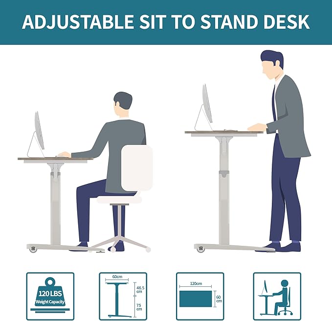 Manual Standing Desk Adjustable Height- Crank Mobile Standing Desk 48 x 24 Inches Sit Stand Desk Frame & Top, Stand Up Desk on Wheels, Computer Desk White Frame & White