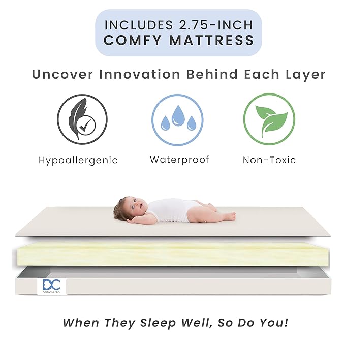 Delta Children Gio Mini Crib with 2.75" Mattress Included, Bianca White/Natural