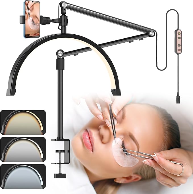 Professional LED Lash Light for Eyelash Extensions, Clip on Lash Lamp for Makeup, Nail, Skincare and Tattoo with Phone Holder - Adjustable Brightness and Color Temperature 3000K-6000K