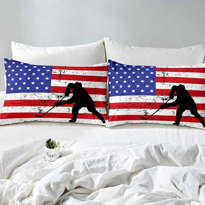 Erosebridal American Flag Comforter Set Twin, Hockey Bedding Set United States Sports Games Down Comforter for Kids Boys Teens Bedroom, Red White Geometric Stripes Duvet Sets with 1 Pillowcase