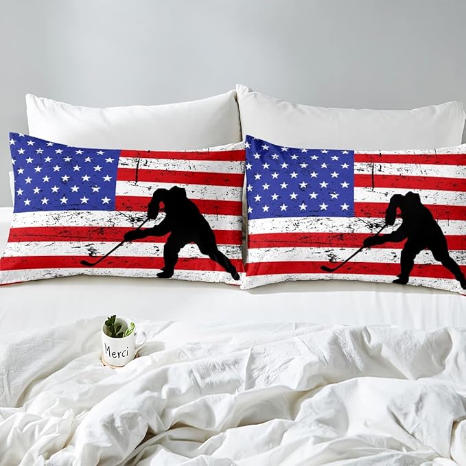 Erosebridal American Flag Comforter Set King, Hockey Bedding Set United States Sports Games Down Comforter for Kids Boys Teens Bedroom, Red White Geometric Stripes Duvet Sets with 2 Pillowcases
