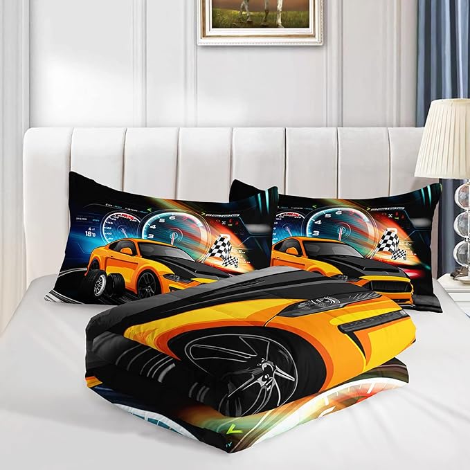 Axolotl Race Car Bedding Set Full Size,Boys Extreme Sports Comforter Set for Kids Boys Car Racing Gifts,Yellow Cool Car Comforter Car Sports Quilt Set 1 Comforter with 2 Pillowcase Car Racing Gifts