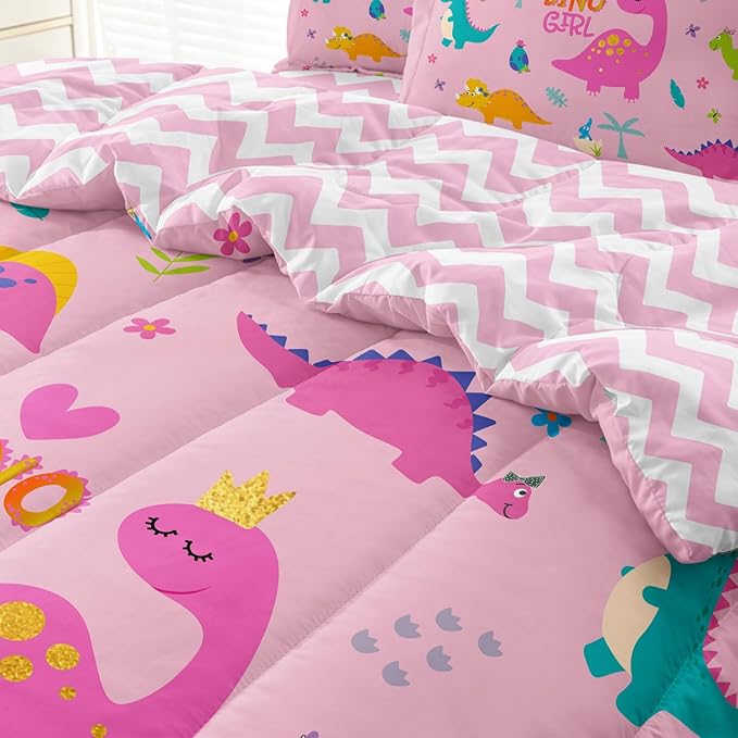 Girls Dinosaur Bedding Full Green Pink Dinosaur Comforter Set, Cute Cartoon Down Comforter for Little Girls Teens Kids Adults Room Decor, Reversible Bed-in-a-Bag 5-Piece Bed Sets