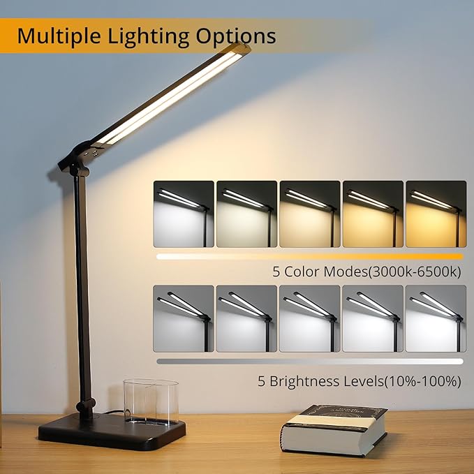 Qooltek Touch Control LED Desk Lamp, Table Lamp with 5 Color Modes Dimmable Brightness for Home Office, Dual Swing Arm USB Charging Port Desk Light, Eye-Caring Reading Light with Pen Holder, Black