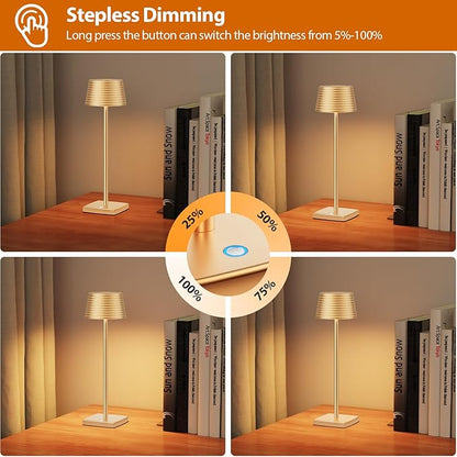 Rechargeable Cordless Table Lamp, Battery 6000mAh Metal Aluminum Housing USB LED Portable Powered Desk Lamp, 3 Levels Brightness Night Light for Restaurants Bars Outdoor (Gold)