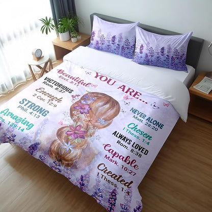 Girls Purple Comforter Sets Queen Size for Girls, Pretty Blonde Girls Love Purple Floral Quilt Bedding Sets for girls Bed in A Bag Comforter Set with 2 Pillowcases
