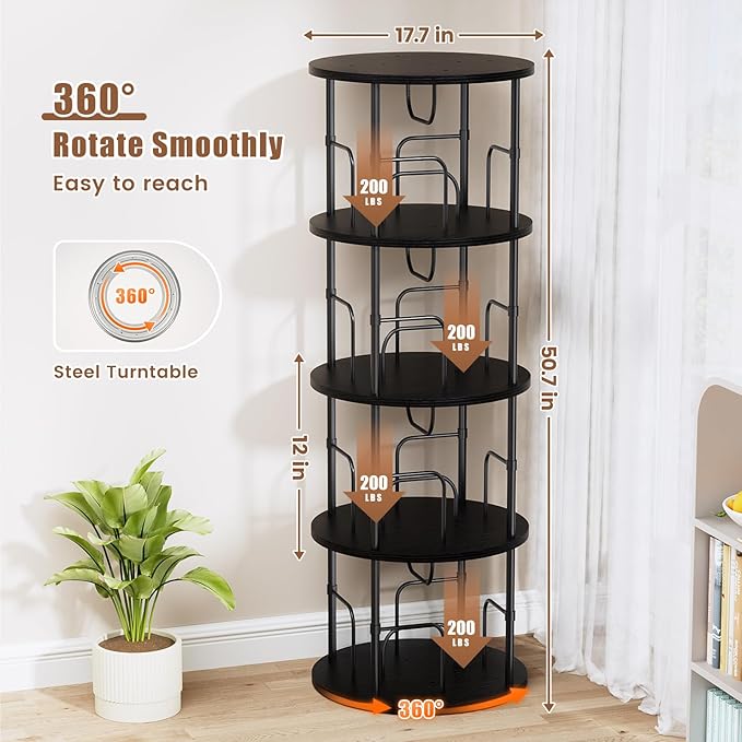Rotating Bookshelf, 4 Tier Spinning Bookshelf Tower, 360° Display Unique Round Bookcase, Floor Standing Corner Revolving Bookshelf Storage Organizer for Small Spaces, Home Study Office, Black