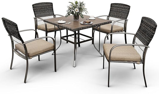 Patio Dining Set for 4, 5PCS Patio Table & Chair Set,Plastic-Wood Table Top with 1.6" Umbrella Hole, All-Weather Wicker Patio Dining Furniture with Removable Cushions for Deck, Lawn, Garden(Beige)