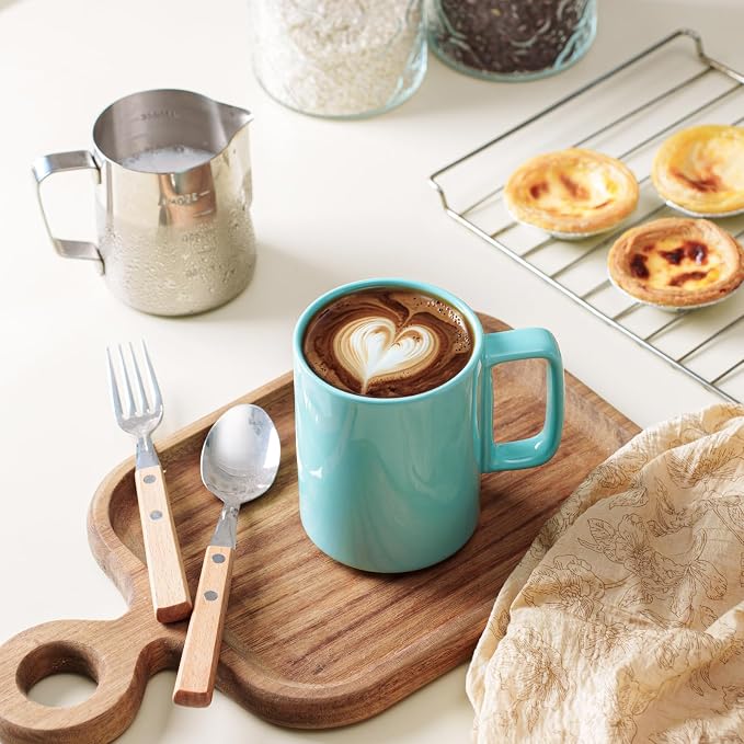 E-liu Large 15 Ounces Porcelain Coffee Mug Tea Mugs Set of 6 | Cups for Coffee, Tea, Cocoa, and Mulled Drinks , Dishwasher & Microwave Safe Gift Sets, Turquoise
